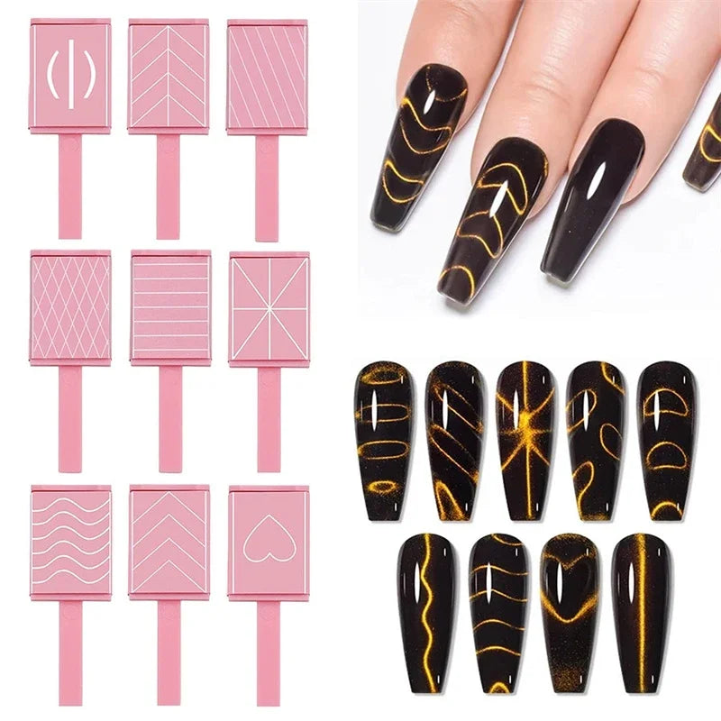 A set of nail magnet wand tools and pink acrylic nails for 3D nail art