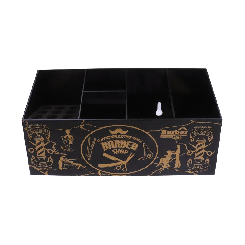A black wooden box for hairdressing tools featuring compartments and decorative elements.