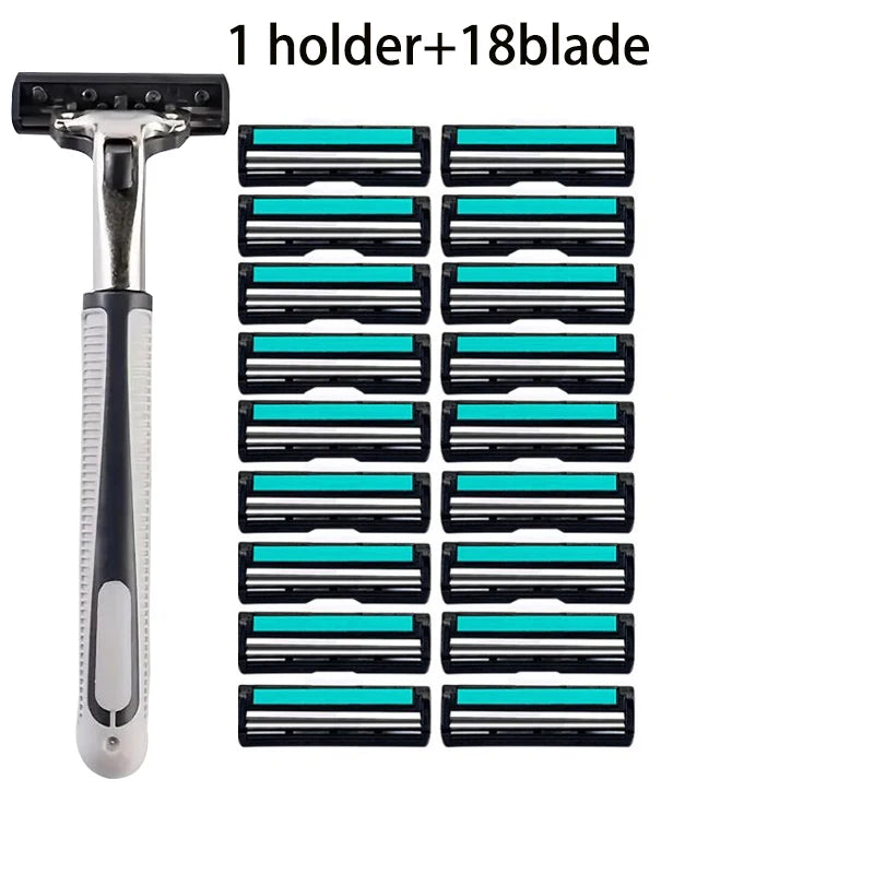 A disposable double blade shaver with one holder and eighteen replaceable blades.
