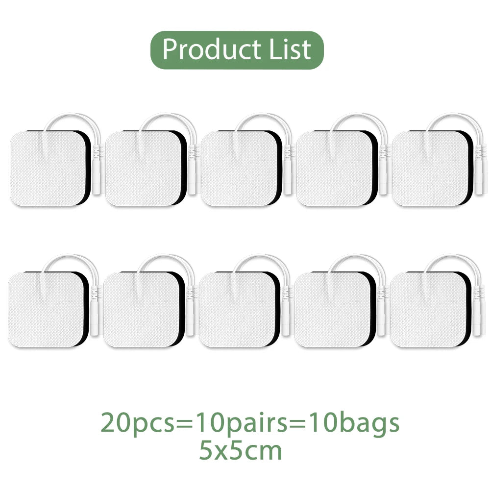 Liste de pâtes électrodes non tissées réutilisables pour la stimulation musculaire, montrant diverses pâtes carrées blanches.