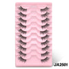 A pink plastic tray holding a set of black cat eye false eyelashes.