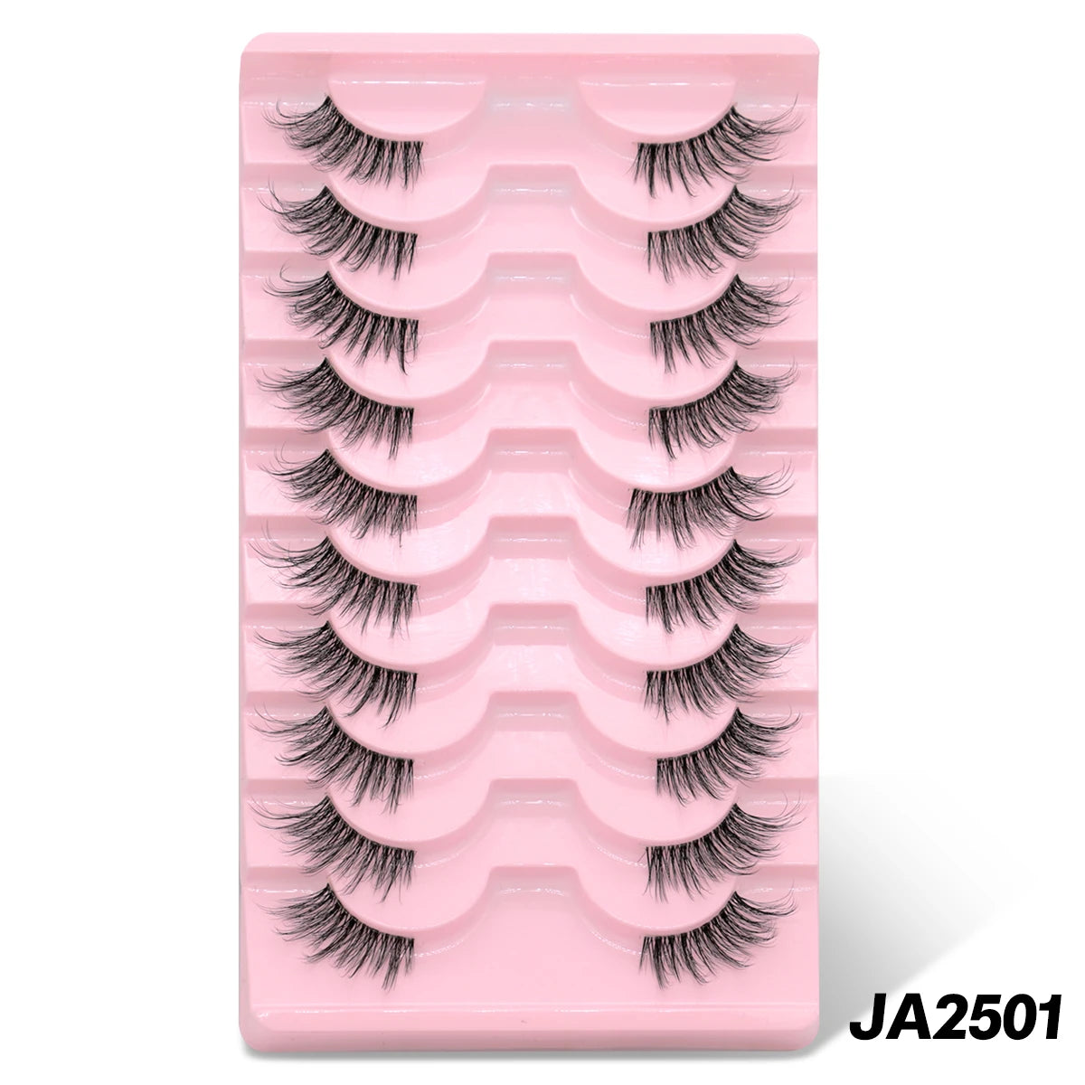 A pink plastic tray holding a set of black cat eye false eyelashes.