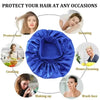 Blauer Satin-Haar-Bonnet für den Schutz der Haare beim Schlafen, Kochen, Make-up und im Alltag.