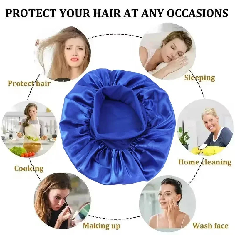 Blauer Satin-Haar-Bonnet für den Schutz der Haare beim Schlafen, Kochen, Make-up und im Alltag.