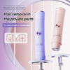A pink double-headed electric shaver is shown on a stand, highlighting its use for hair removal in private parts.