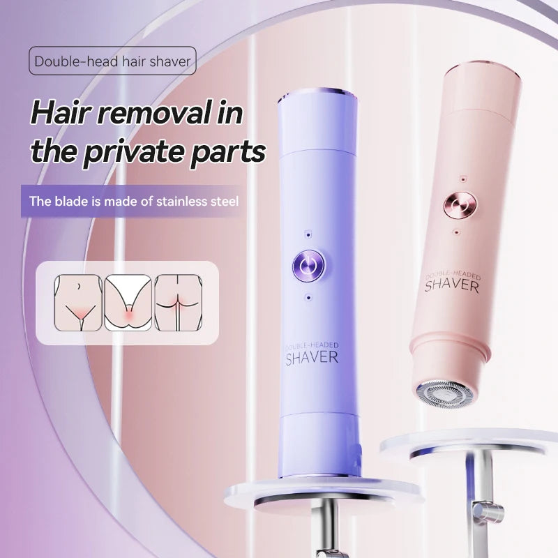 A pink double-headed electric shaver is shown on a stand, highlighting its use for hair removal in private parts.