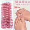 A set of 288 press-on acrylic false toenails in pink and nude shades displayed alongside a foot.