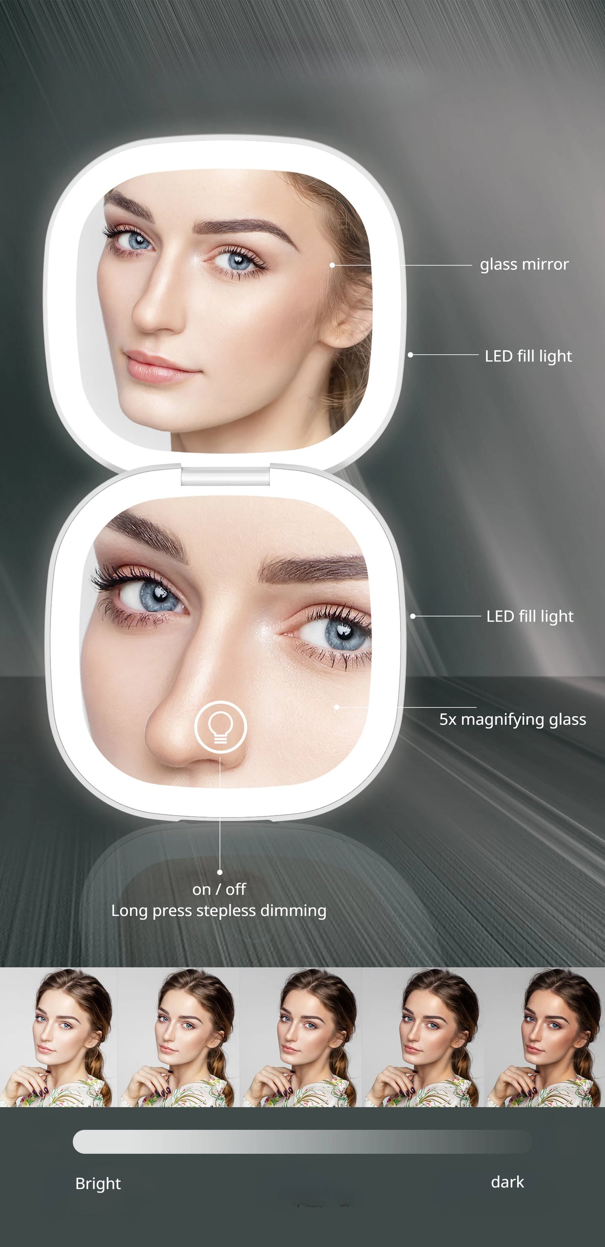 A compact LED makeup mirror with a glass mirror and 5x magnifying glass, showing a woman's face.