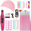 A pink professional nail care kit featuring an electric drill, various tools, and a UV LED lamp.