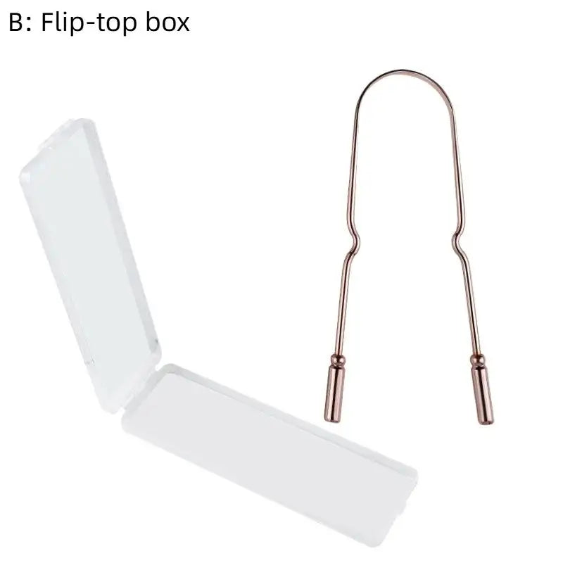 A flip-top box containing a stainless steel and copper tongue scraper for oral hygiene.