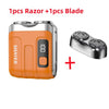 An orange electric shaver body and a separate blade are shown with a plus sign indicating they are a set.