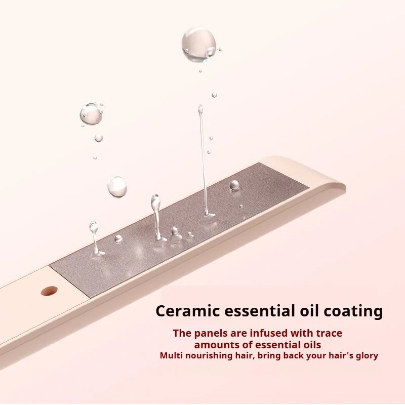 A ceramic essential oil coating hair styling panel being infused with oil droplets.
