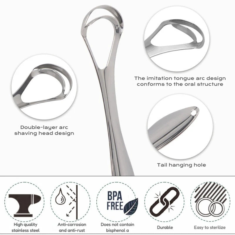 Stainless steel tongue scraper with double-layer arc design and tail hanging hole for oral hygiene