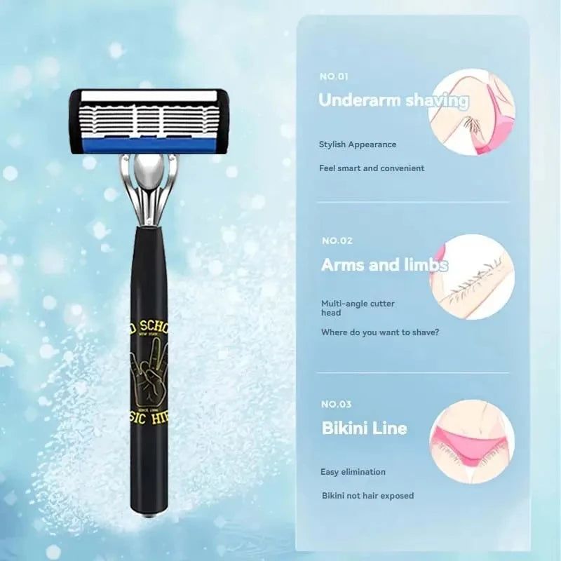 A black and silver multi-angle electric shaver with three different heads shown next to usage instructions.