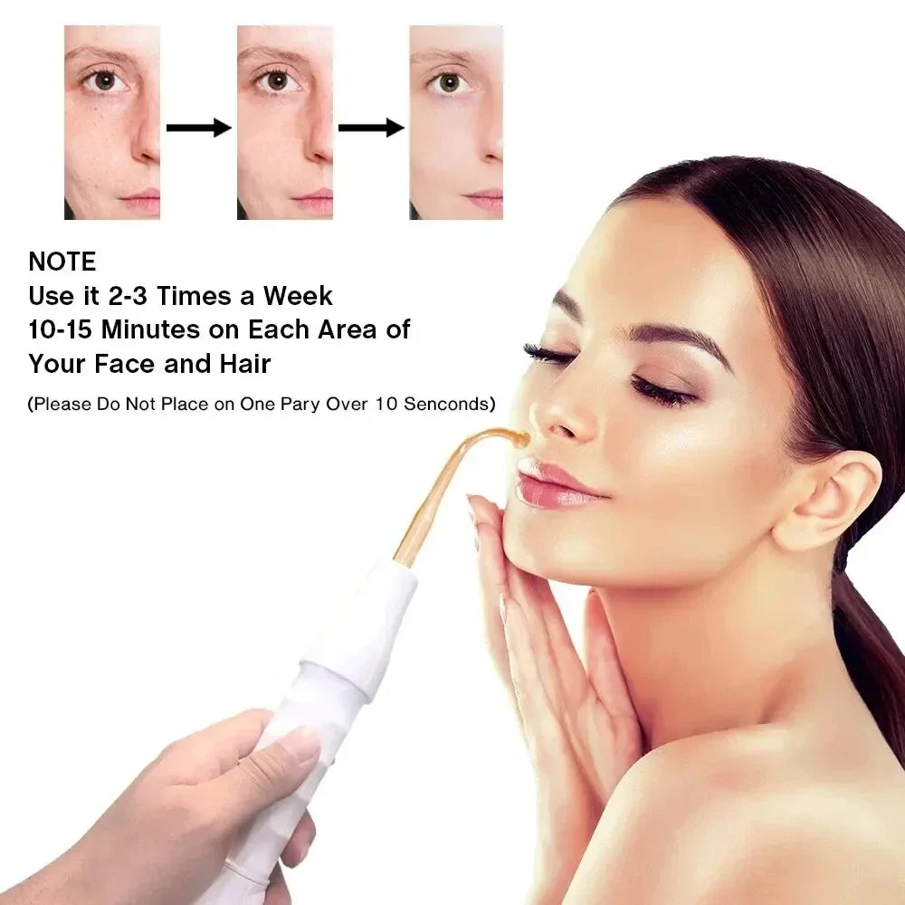 A woman is using a white facial rejuvenation wand on her face and hair for skincare treatment.