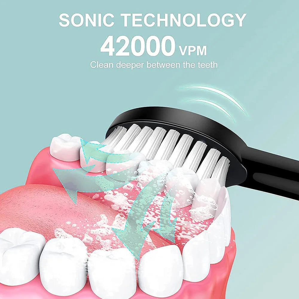 A black sonic electric toothbrush is shown cleaning teeth inside a pink mouth, demonstrating deep cleaning technology.