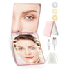 Miroir de maquillage rechargeable rose 20X avec lumière LED et accessoires sur fond blanc.
