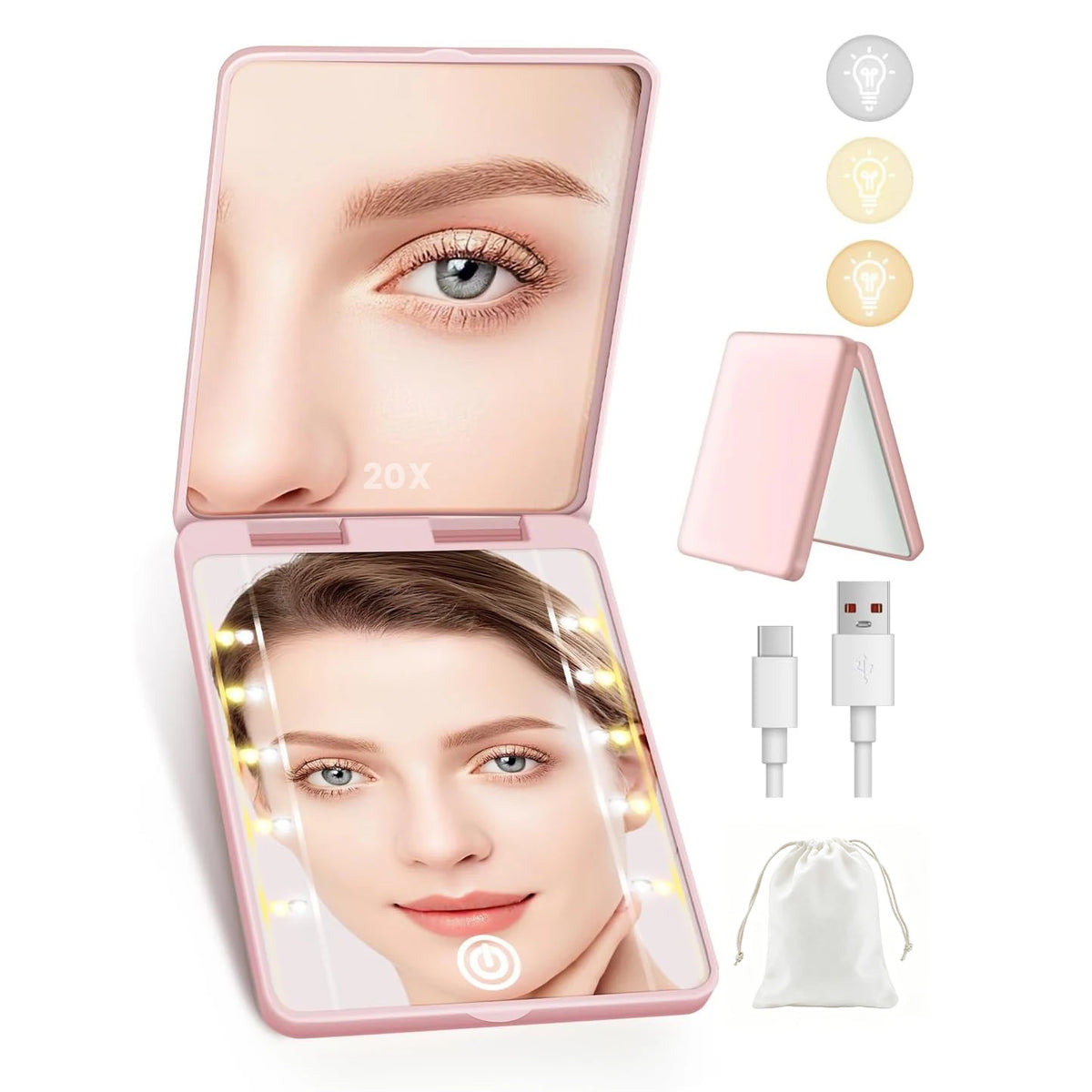 Miroir de maquillage rechargeable rose 20X avec lumière LED et accessoires sur fond blanc.