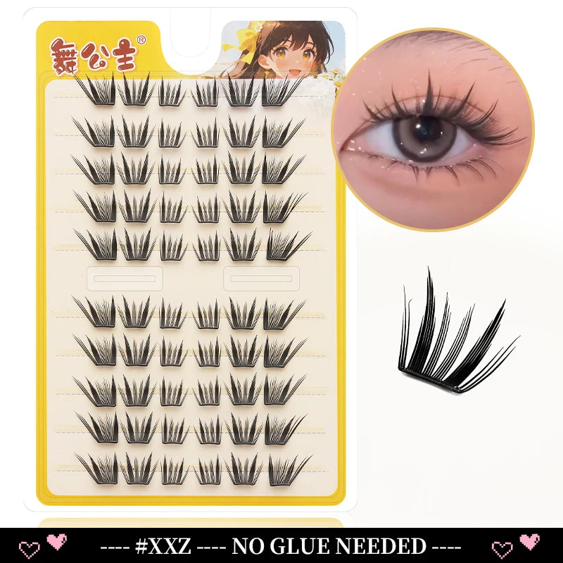 A plastic tray of black eyelash extensions for application, showing various lash styles and a close-up of an eye with applied