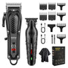 Schwarzes professionelles elektrisches Haartrimmer- und Barttrimmer-Set mit mehreren Aufsätzen und Ladekabel.