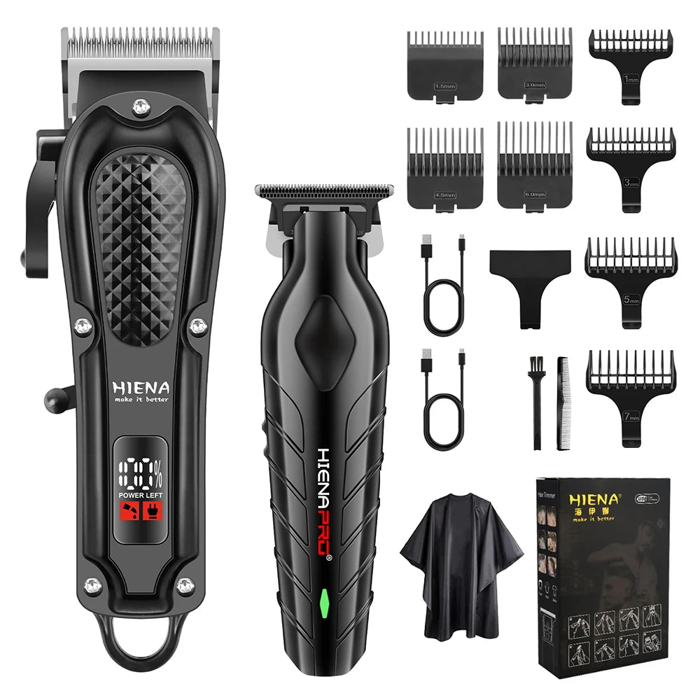 Schwarzes professionelles elektrisches Haartrimmer- und Barttrimmer-Set mit mehreren Aufsätzen und Ladekabel.