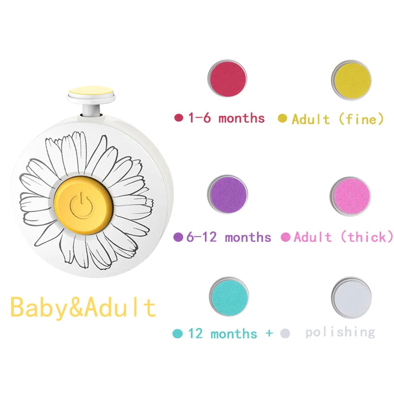 A white electric baby nail trimmer with a daisy design and color options for different age groups.