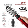 A red hot air brush with black bristles is shown, demonstrating 360 degree automatic rotation and heat settings.