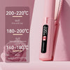 A pink portable dual-switch hair straightener is shown with temperature settings displayed on the device.