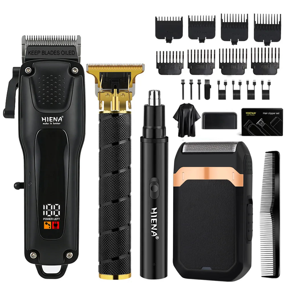 Set professioneller elektrischer Haarschneider und Trimmer mit Klingen, Aufsätzen und Gehäuse in Schwarz und Gold