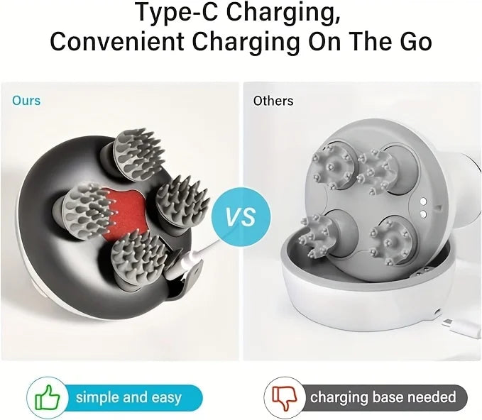 A portable electric scalp massager shown next to a charging base, highlighting convenient Type-C charging.