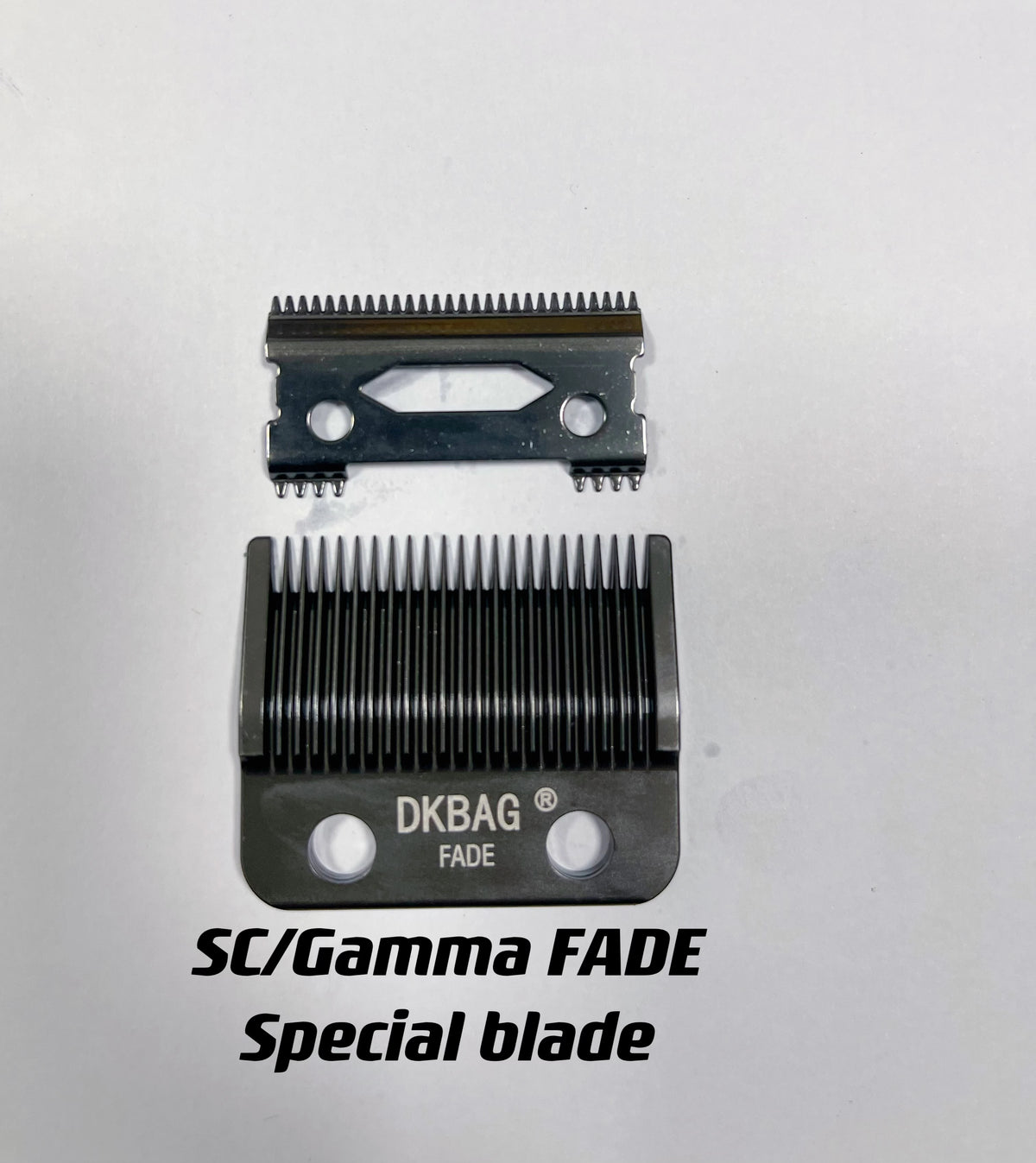 A close-up view of a DKBAG Fade special blade for an SC/Gamma professional electric hair trimmer.