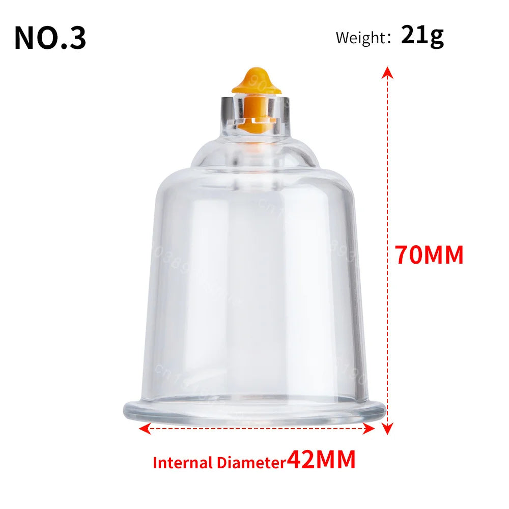 Clear glass cupping massager No.3 with a yellow plunger and 70mm height and 42mm internal diameter