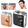 A portable electric shaver for men shown before and after use, with the device in orange and black.