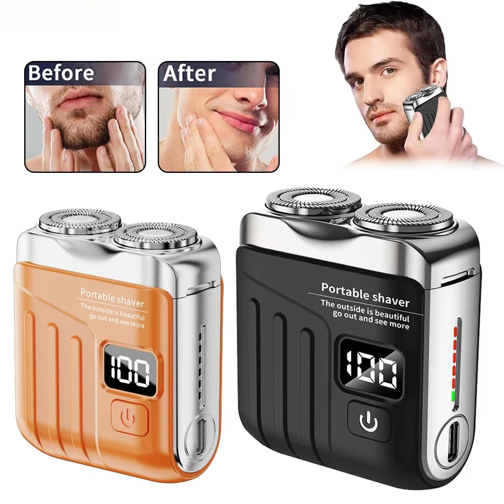 A portable electric shaver for men shown before and after use, with the device in orange and black.