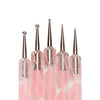 A set of five pink silicone dotting pens with stainless steel tips for nail art.