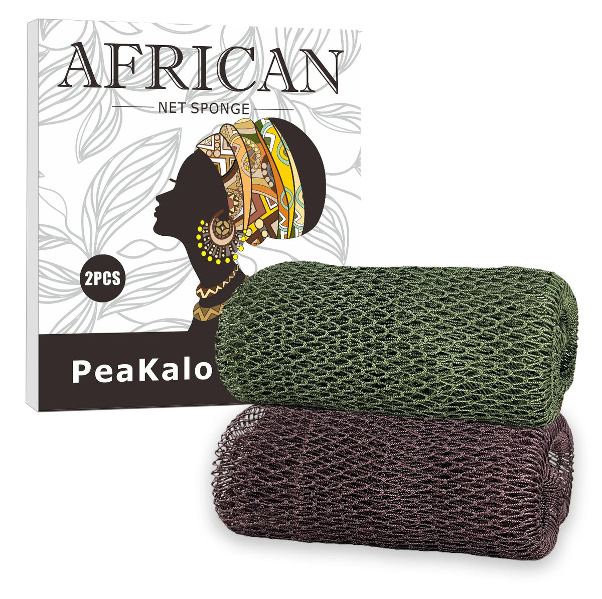 Two green and brown African net sponge loofahs packaged for exfoliation