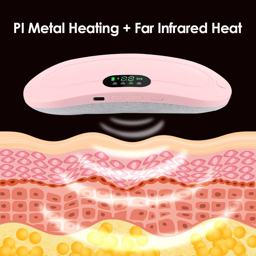 A pink electric heating device is shown above a cross-section of skin and muscle tissue.