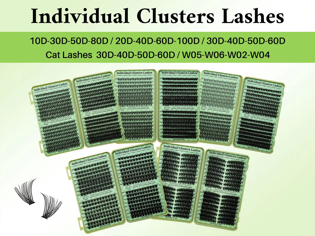 A collection of individual lash clusters lashes in various lengths and styles displayed on a green background.