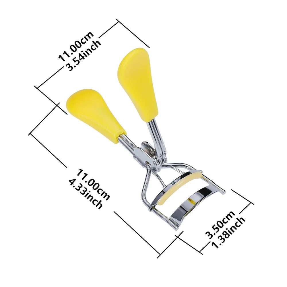 A yellow professional eyelash curler with silver metal components shown from the side.