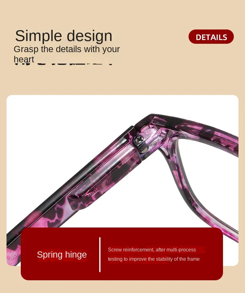 Close-up view of purple photochromic reading glasses with a spring hinge mechanism.
