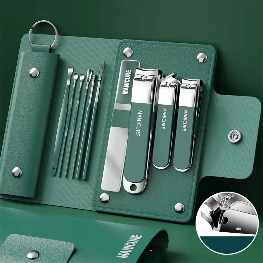 A green leather case holds a set of professional stainless steel manicure tools including nail clippers and brushes.