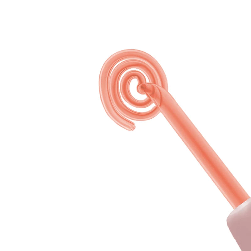 A close-up view of a pink high frequency facial electrotherapy wand with a coiled tip.