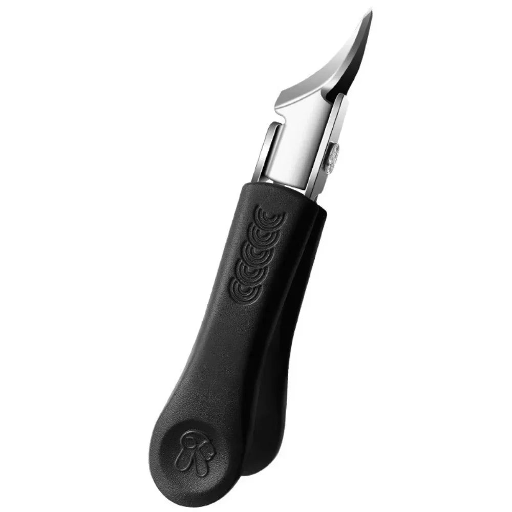 A close-up view of a black and silver stainless steel slant edge nail clipper.