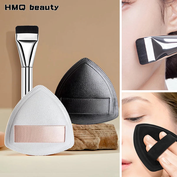 A set of triangular cosmetic foundation puff brushes in silver and black are shown for beauty application.