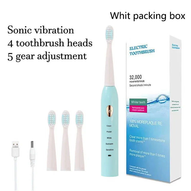 White packing box for a sonic vibration toothbrush with 4 brush heads and 5 gear adjustments