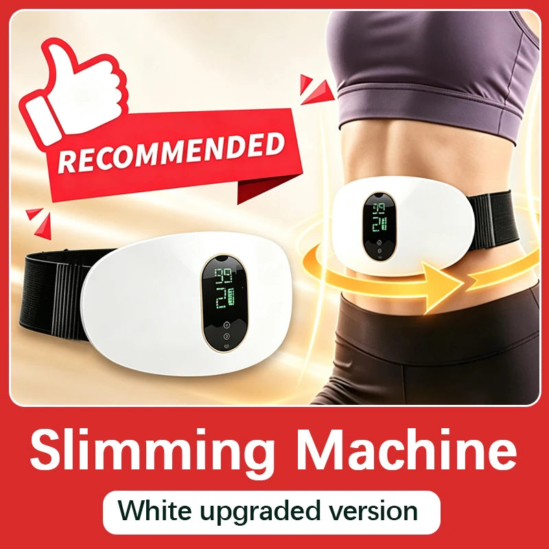 A white upgraded version of a slimming machine abdominal massager belt is shown being used on a person's lower abdomen.