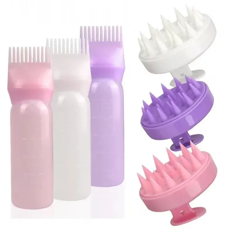 Un ensemble de peignes applicateurs de teinture capillaire en silicone rose et violet.