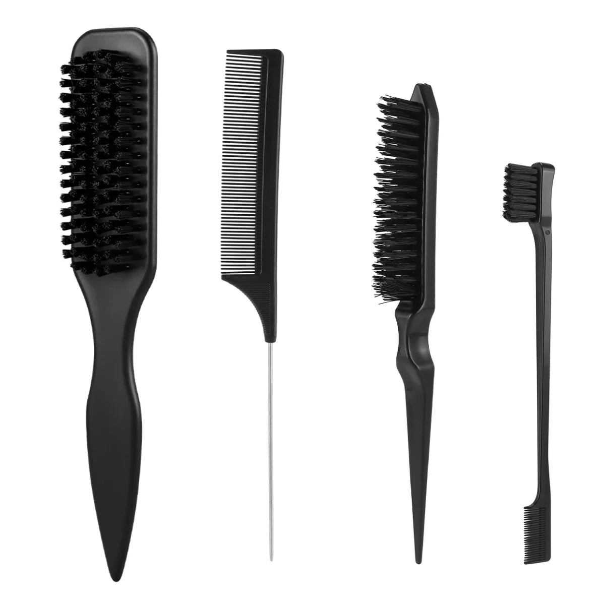 A set of four black boar bristle hair styling brushes including a paddle brush, vent brush, round brush, and a metal tail com
