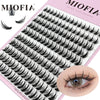 A flat lay of Miofia false eyelashes showing various lash styles and a close-up of an eye application.