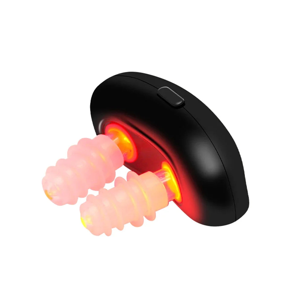A black light therapy clip with a pink silicone tip emitting a red glow.